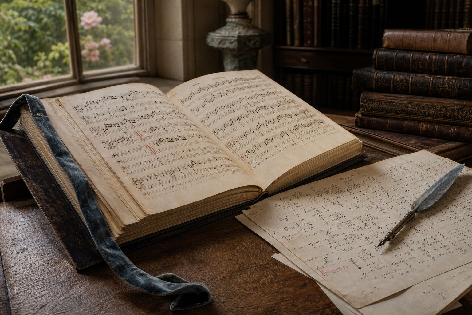 Early music manuscript and handwritten analytical notes on a library desk