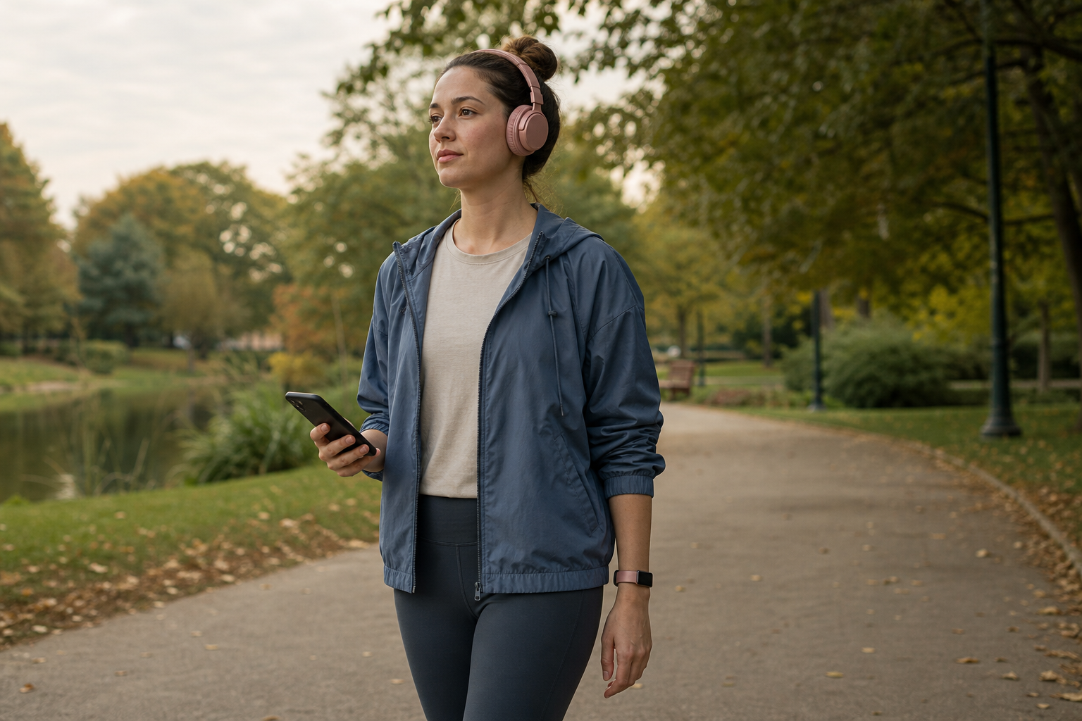 Headphone listener using a wrist heart sensor while walking in a park