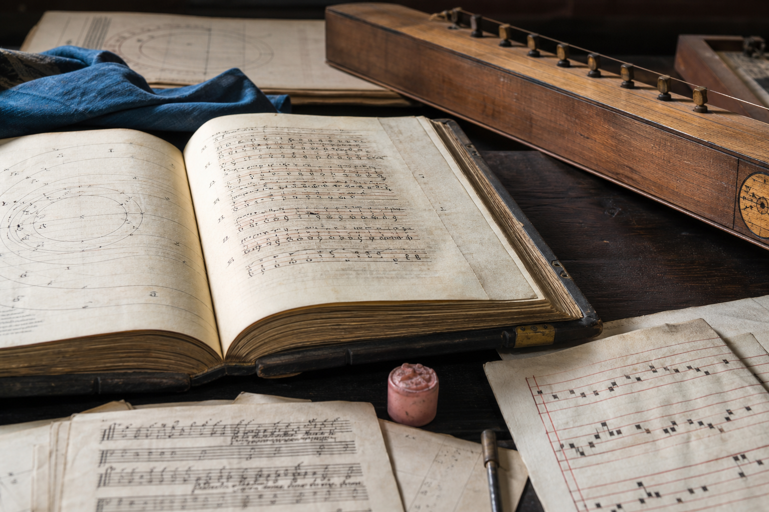 Historical music theory manuscripts beside a wooden monochord