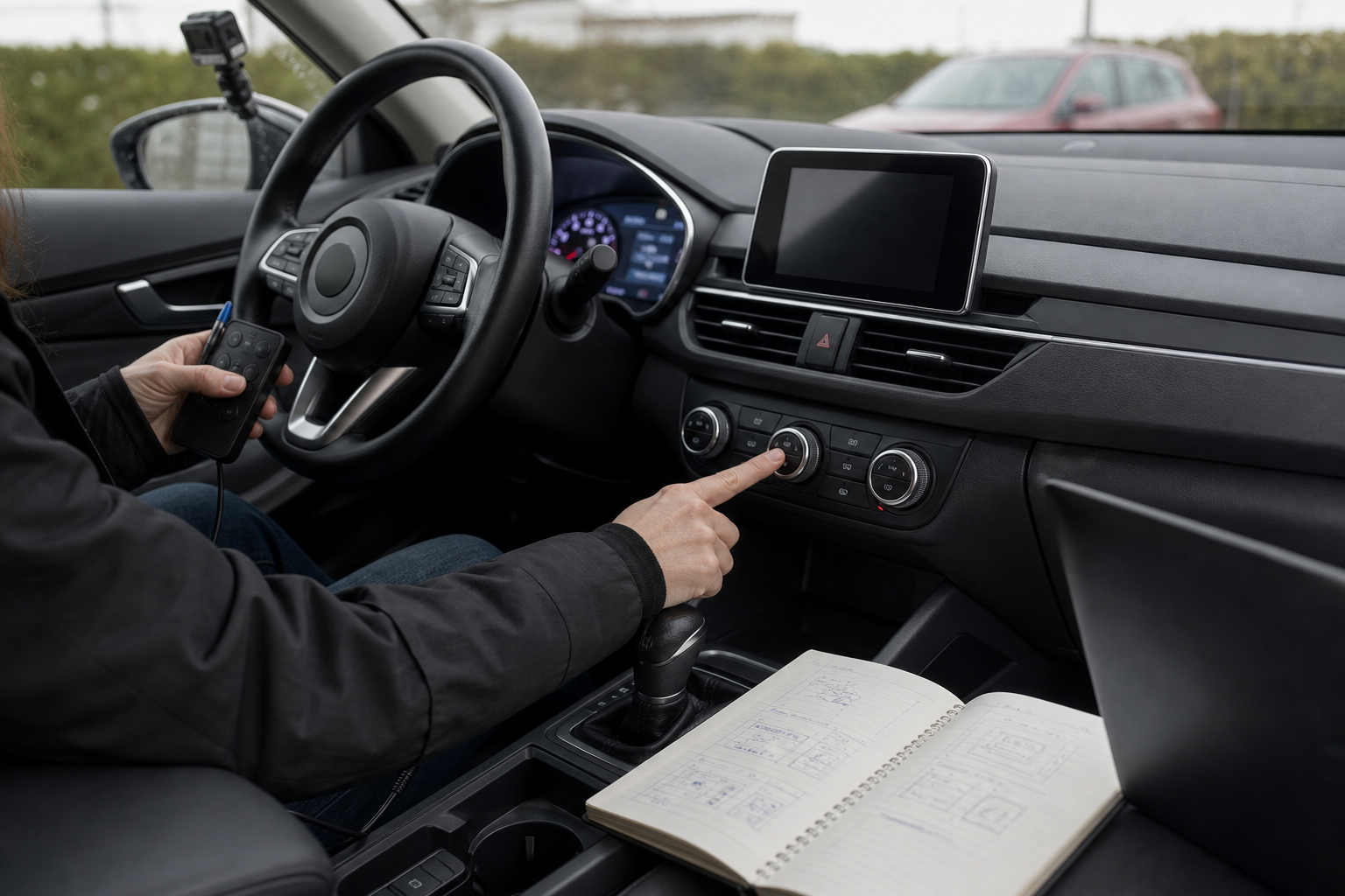 Researcher evaluating controls in a parked vehicle cockpit