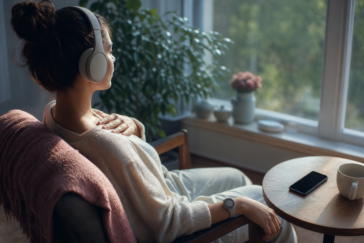 Listener using headphones and a wrist heart sensor in a calm home setting