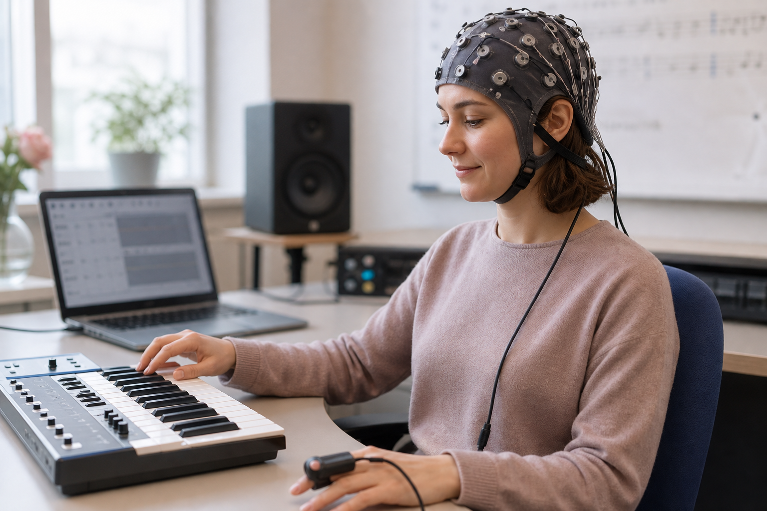 Participant using a MIDI keyboard during an EEG biosignal study