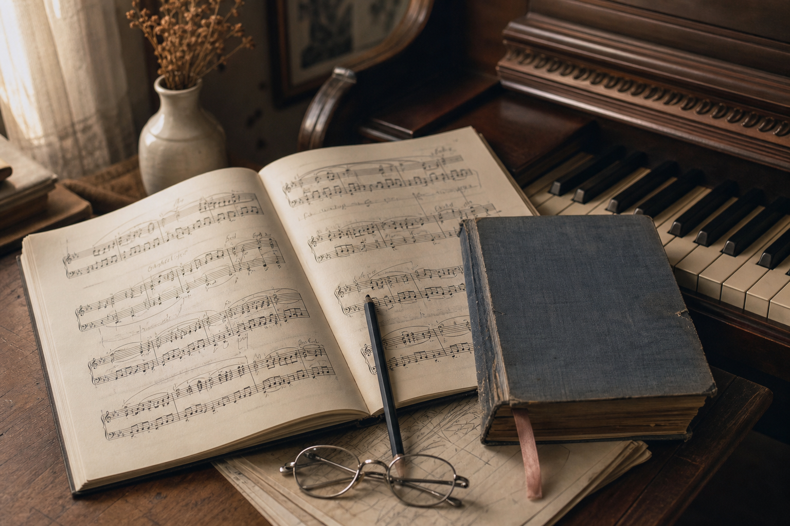 Art song score and poetry book beside an upright piano