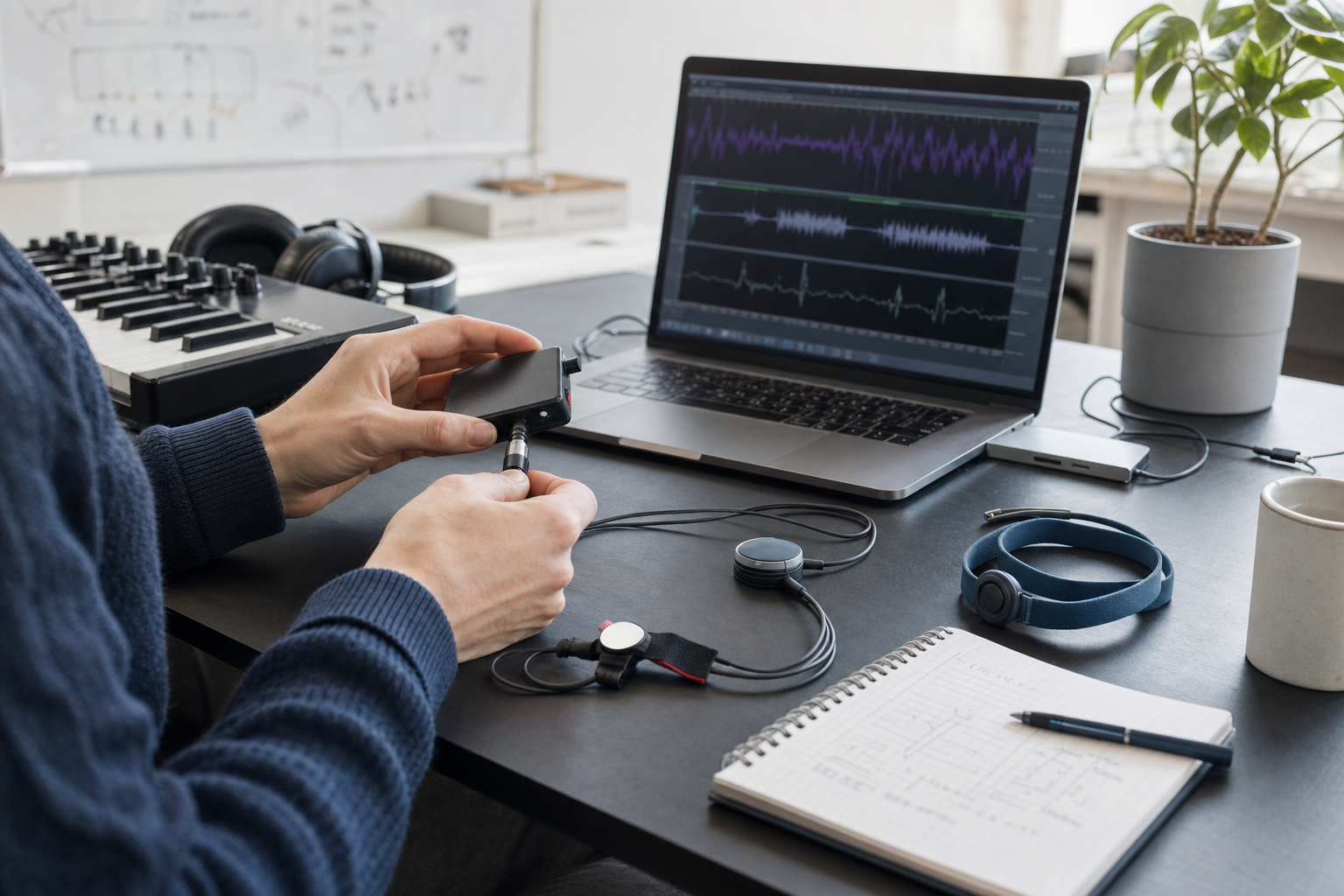 Researcher connecting music and physiological sensing equipment