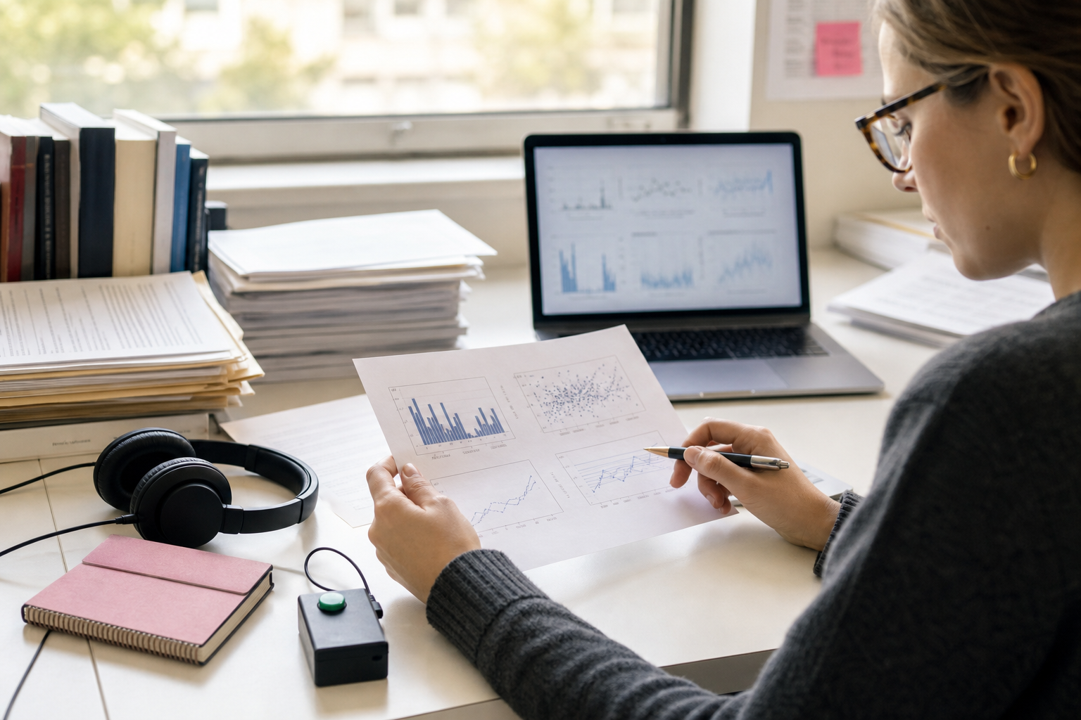 Researcher reviewing music and memory study data beside headphones