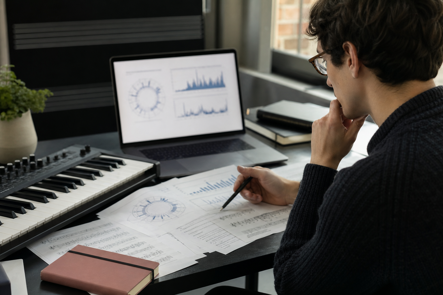 Researcher studying chroma plots with a MIDI keyboard and score