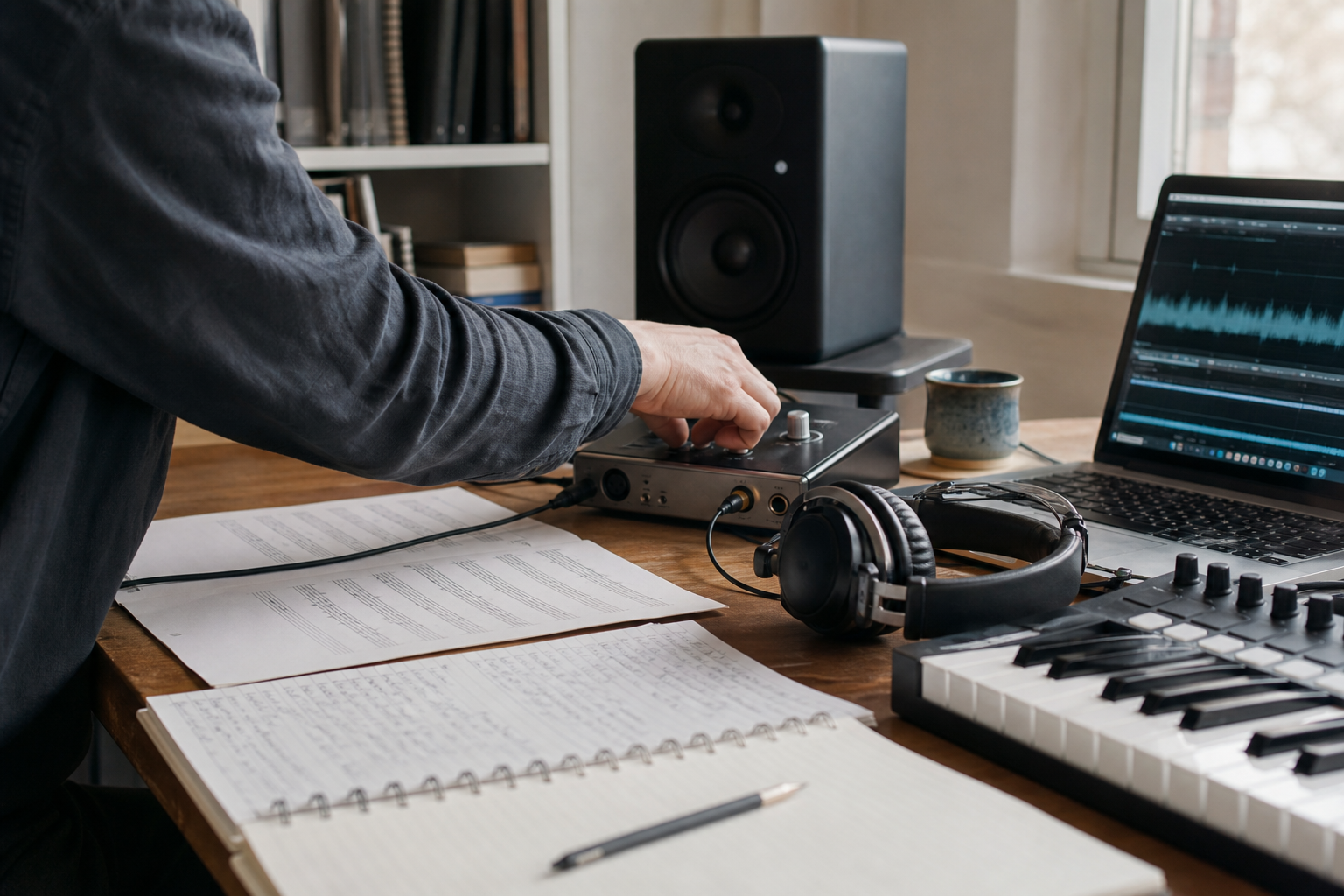 Audio and music research workspace with recording equipment and score