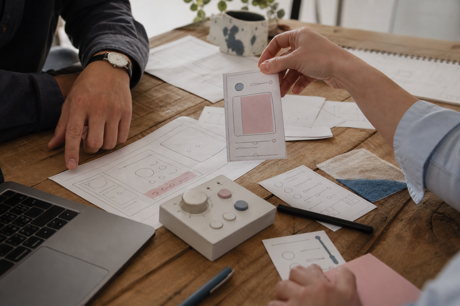 Researchers reviewing physical HMI and UX interface prototypes