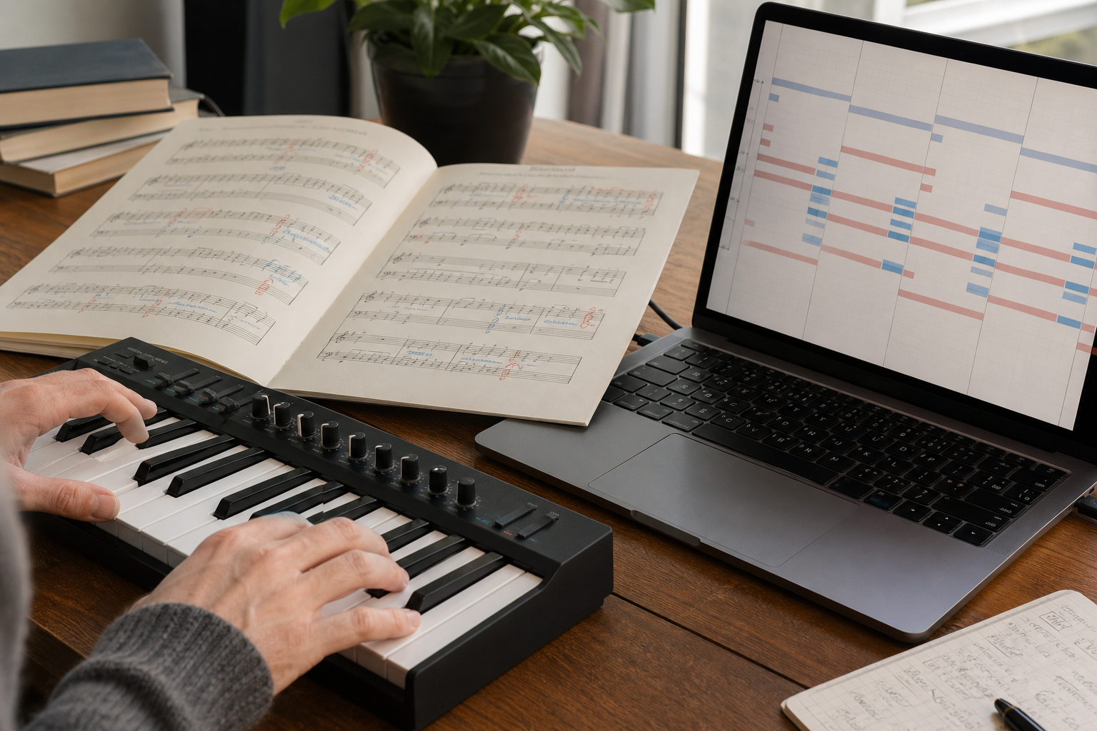 Pianist using real-time harmony analysis software with a MIDI keyboard