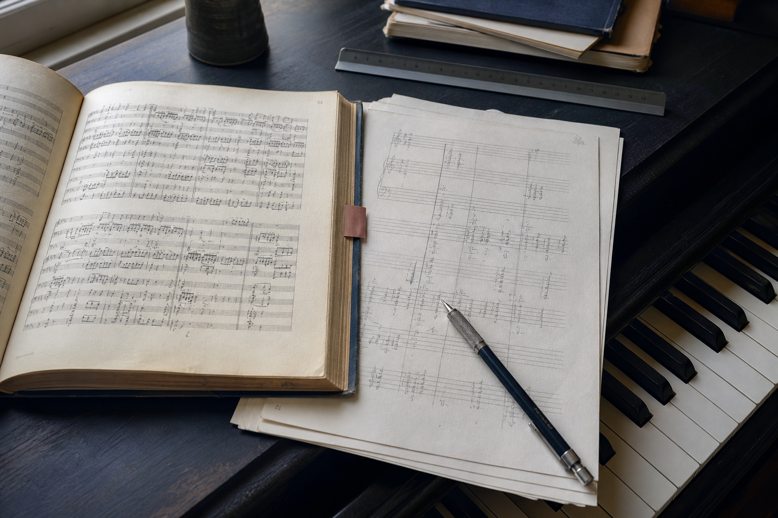 Classical score and pencil reduction beside a piano keyboard