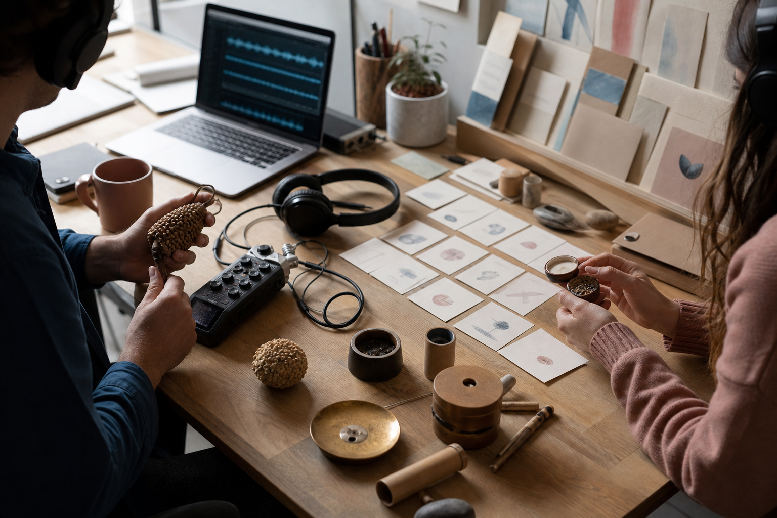Sound designers exploring tactile objects in a collaborative ideation session